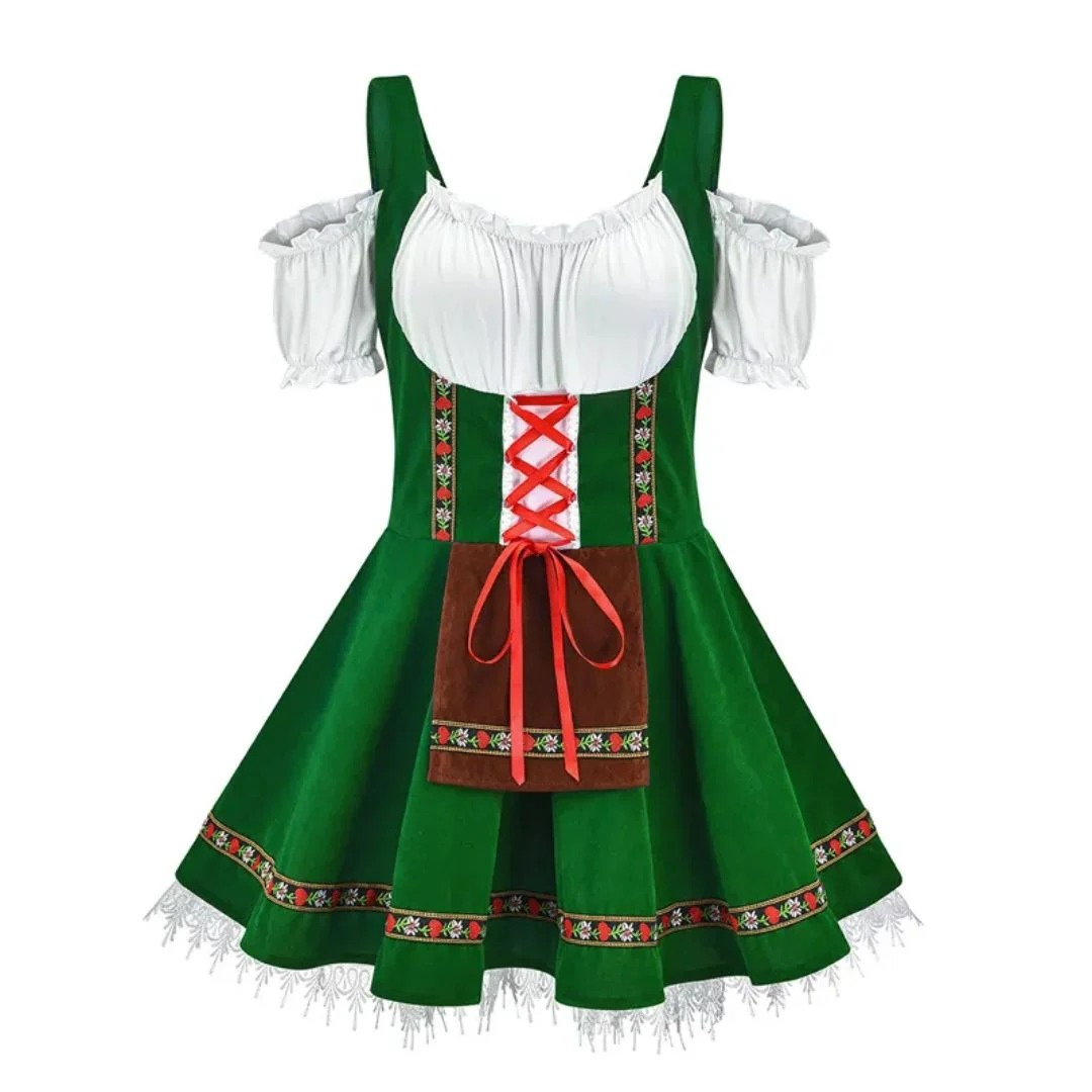 Dirndl in Grün mit schulterfreien weißen Puffärmeln, roter Schnürung und brauner Schürze 3