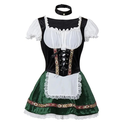 Dirndl mit schwarzem Mieder, dunkelgrünem Samtrock, weißer Spitzenschürze und schwarzem Halsband 7