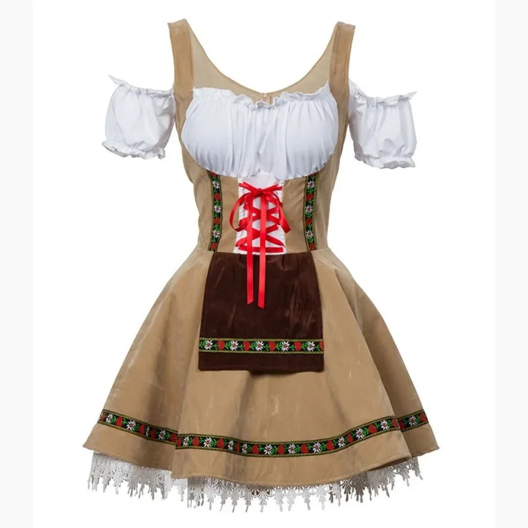 Dirndl in Beige mit weißer Bluse, brauner Schürze, roter Schnürung und Blumenborte am Saum 1