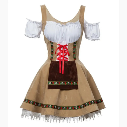 Dirndl in Beige mit weißer Bluse, brauner Schürze, roter Schnürung und Blumenborte am Saum 1