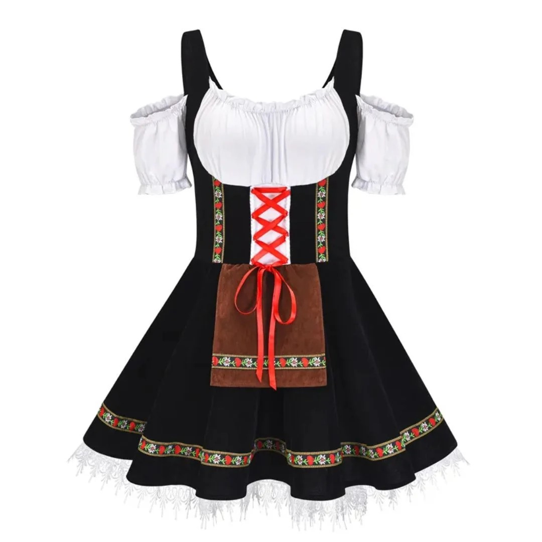 Dirndl in Schwarz mit weißen Puffärmeln, roter Schnürung und brauner Schürze mit Blumenborte 5