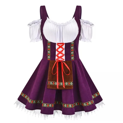 Dirndl in Violett mit weißer Bluse, roter Schnürung, brauner Schürze und Spitzenabschluss am Rock 4