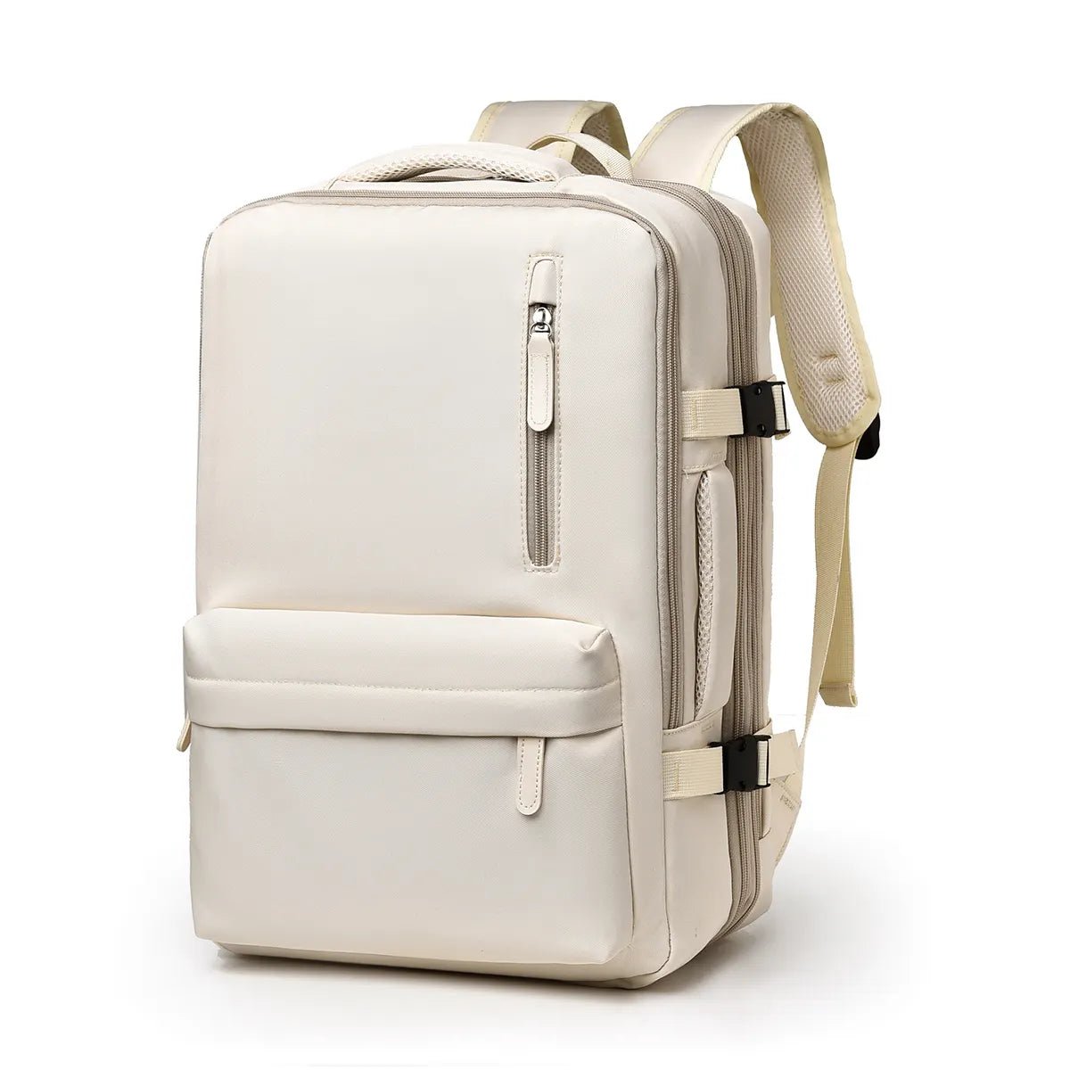 Beiger Rucksack aus Leder mit Reißverschlusstaschen, ideal für Reisen und Alltag.