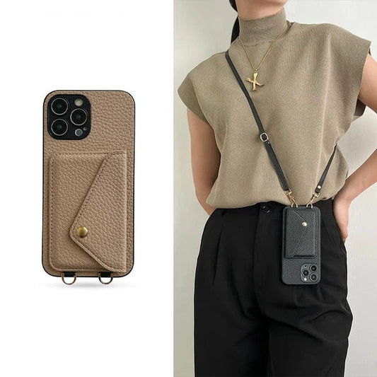 iPhone Crossbody Hülle mit Kordel, beige Leder, Damenmode, praktisch, stilvoll, freihändig.