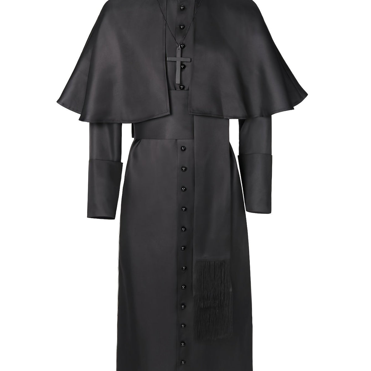 Priestergewand von vorne mit Umhang, Kreuzanhänger an der Kette und herabhängendem Fransenband 6