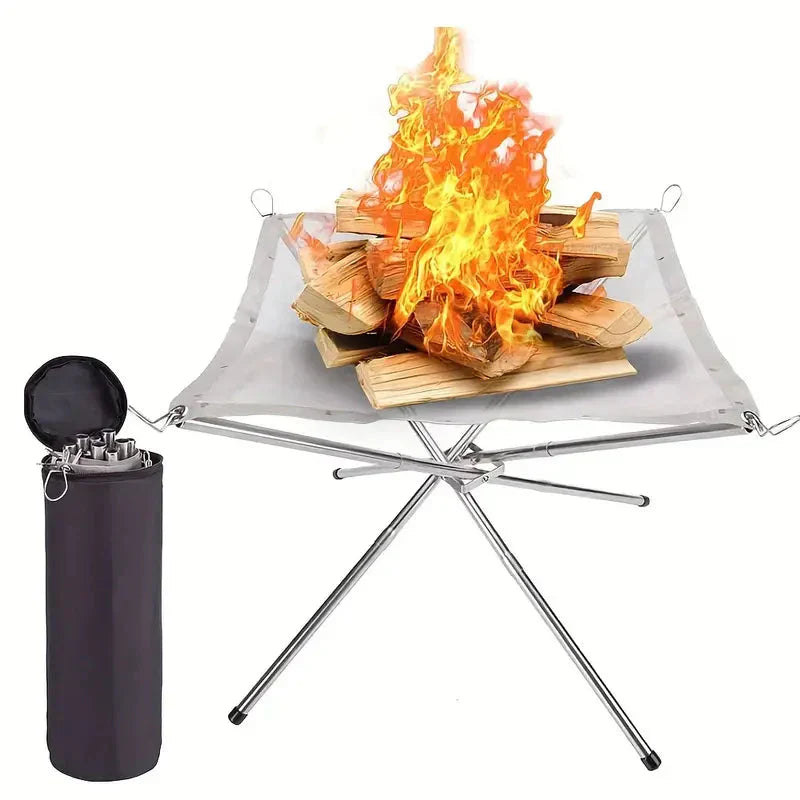 Tragbare Feuerstelle mit Holzscheiten und Flammen, faltbar, Edelstahl, Outdoor-Camping.
