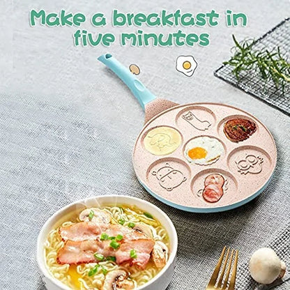 Multifunktionale Bratpfanne mit sechs Fächern, rosa, ideal für schnelles Frühstück.