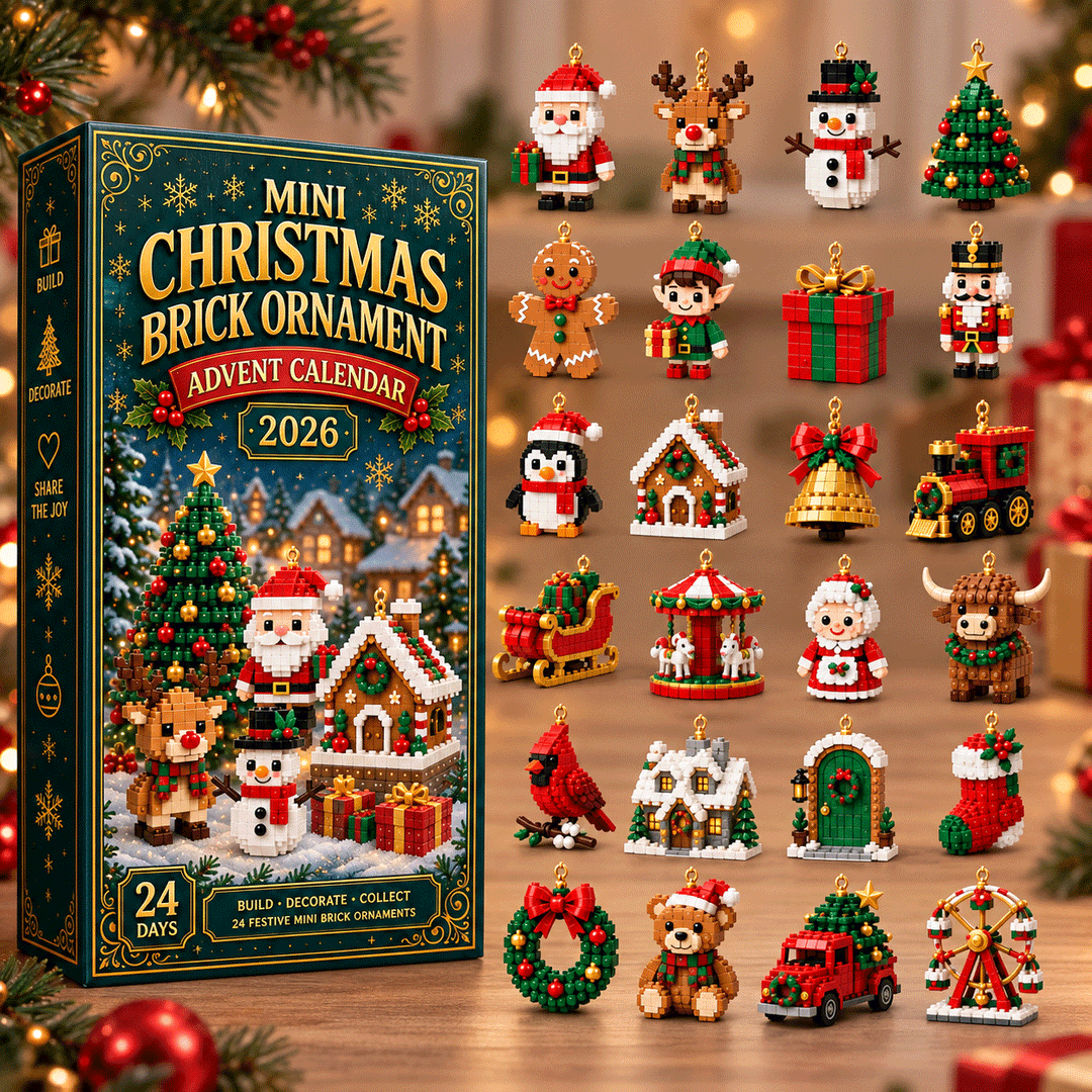 Schachtel neben allen 24 fertig gebauten Weihnachtsfiguren in sechs Reihen, darunter Weihnachtsmann, Elf, Nussknacker, Zug, Karussell und Riesenrad. 6