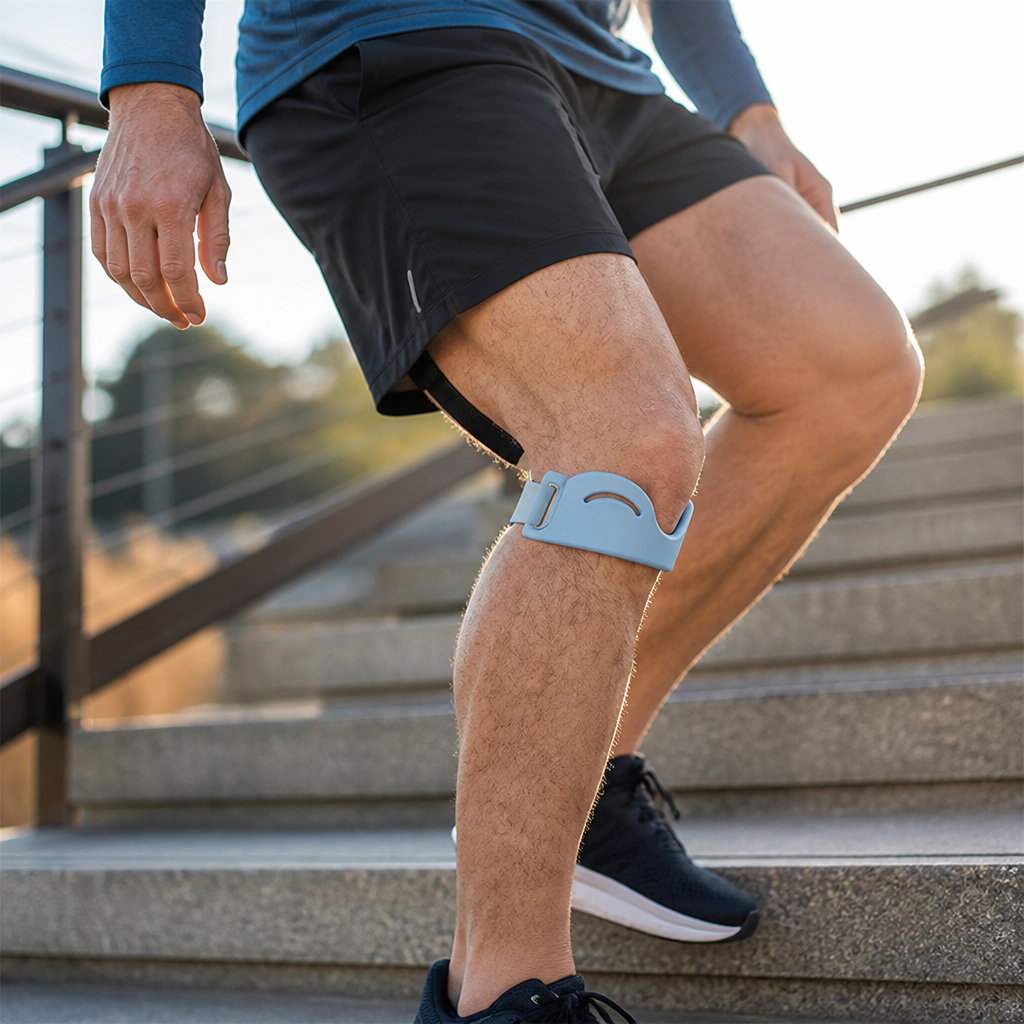 Mann in schwarzen Shorts steigt eine Treppe hinauf und trägt den hellblauen Knieriemen mit Schnalle unterhalb der Kniescheibe. 4
