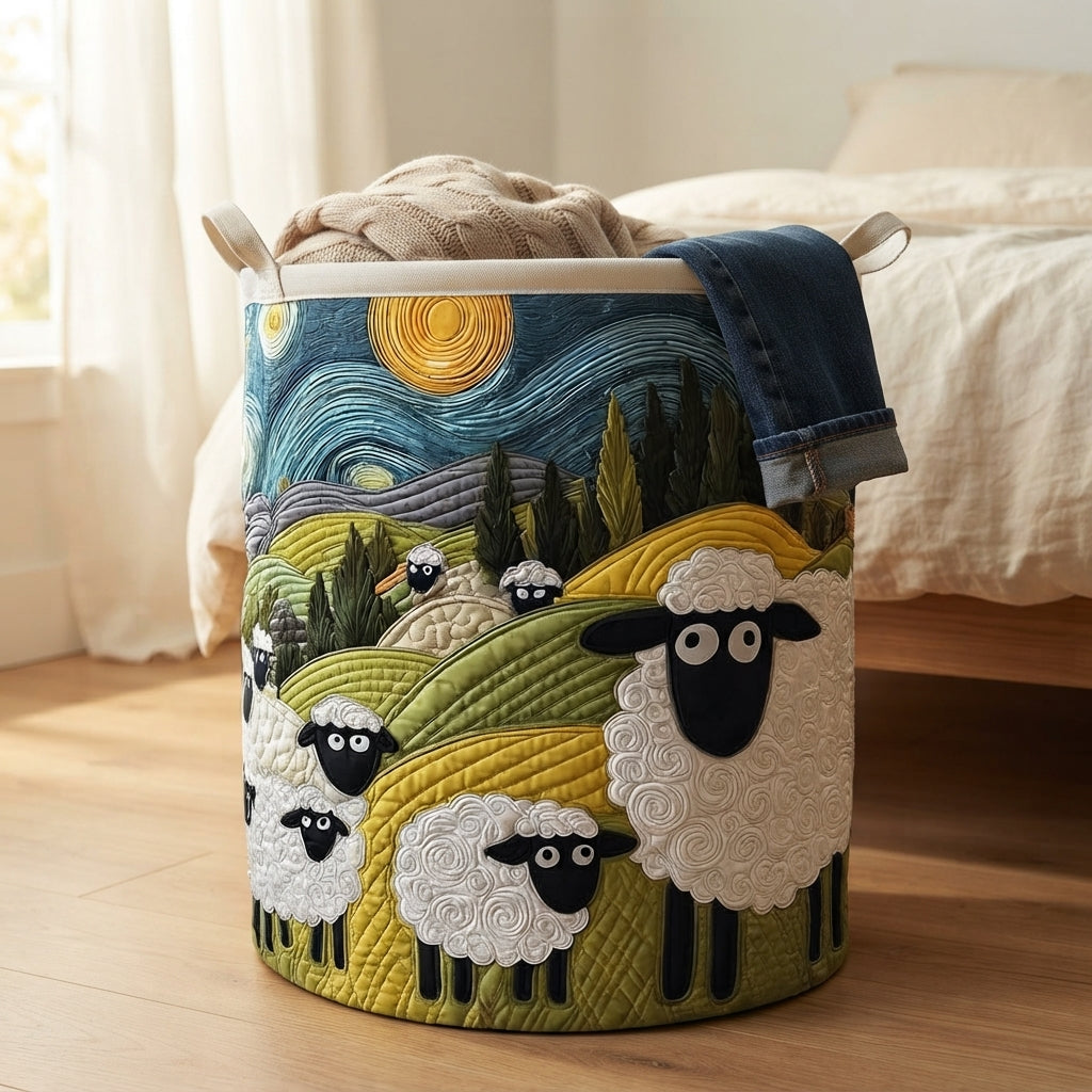 Korb mit Schafmotiv neben einem Bett auf Holzboden, gefüllt mit Strickdecke und einer über den Rand hängenden Jeans. 5