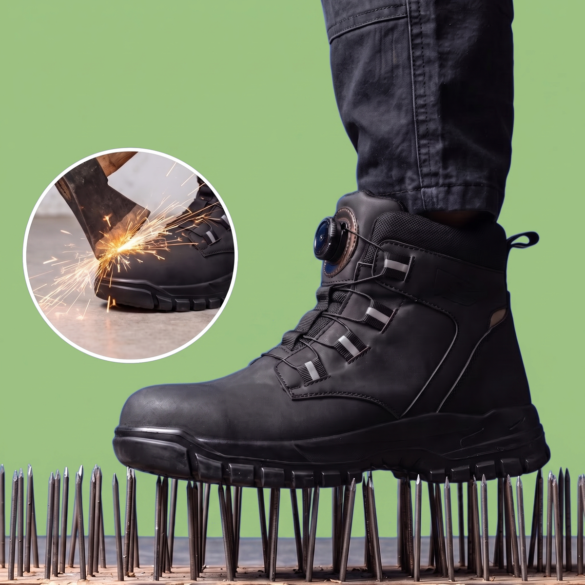 Schwarzer Arbeitsstiefel steht auf einem Nagelbett, kleiner Ausschnitt zeigt einen Axtschlag mit Funken auf die Kappe 3