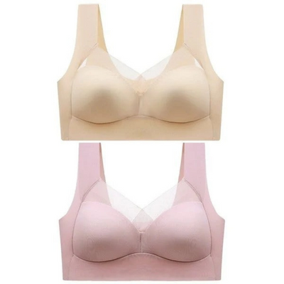 Zwei nahtlose BHs in Beige und Rosa übereinander angeordnet, freigestellt auf weißem Hintergrund. 7