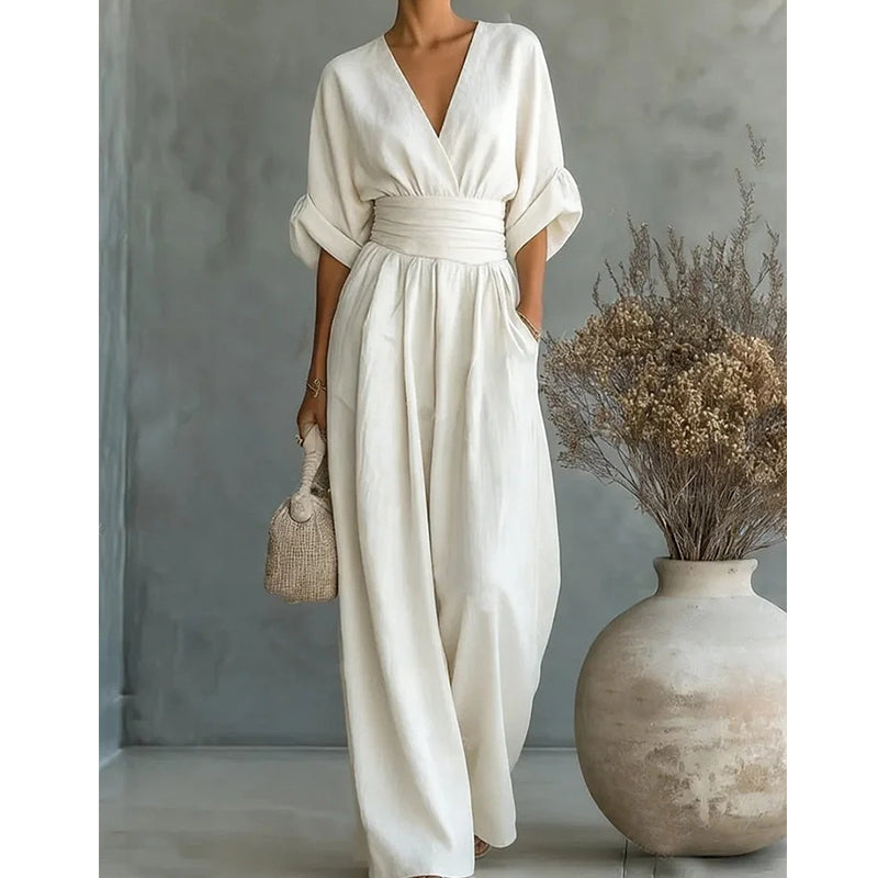 Women's Elegant V-Neck Jumpsuit with High-Waist Wide-Leg Pants 6