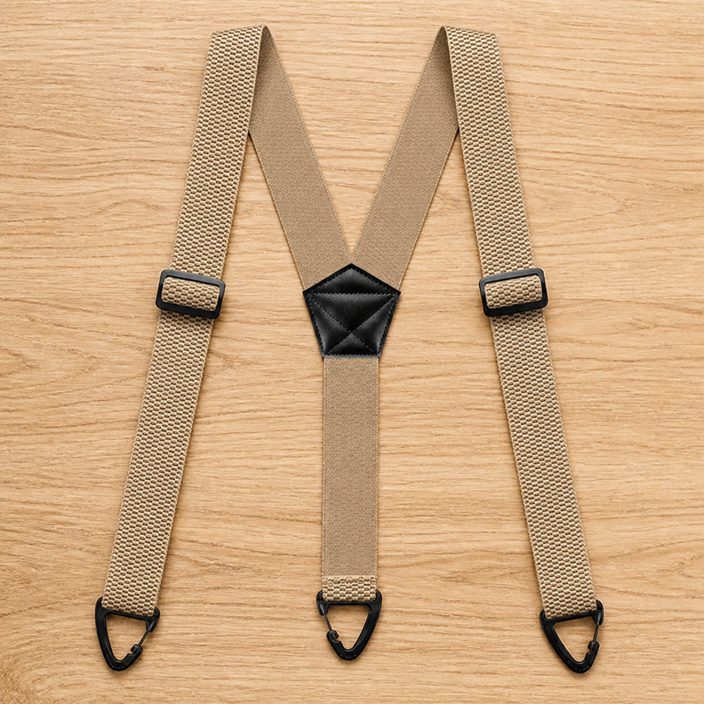 Beige Y-Hosenträger mit schwarzem Mittelstück, Schiebeschnallen und drei schwarzen Clips, flach auf Holz ausgelegt. 15