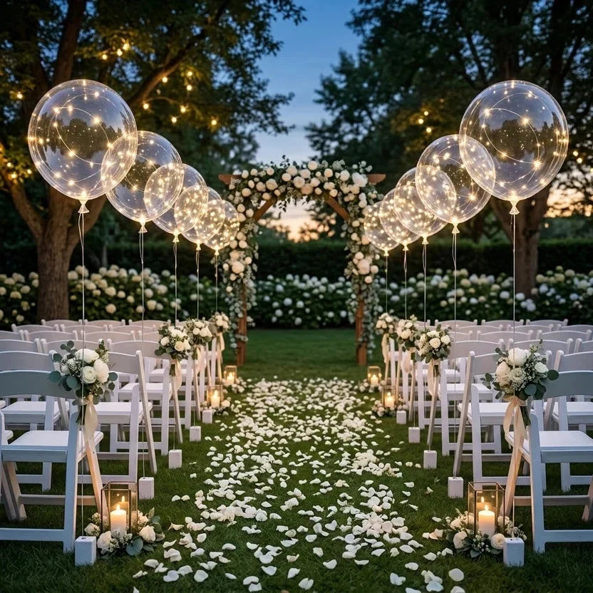Leuchtende Ballons säumen den Gang einer Gartenhochzeit mit Blumenbogen, weißen Stühlen und Rosenblättern 6
