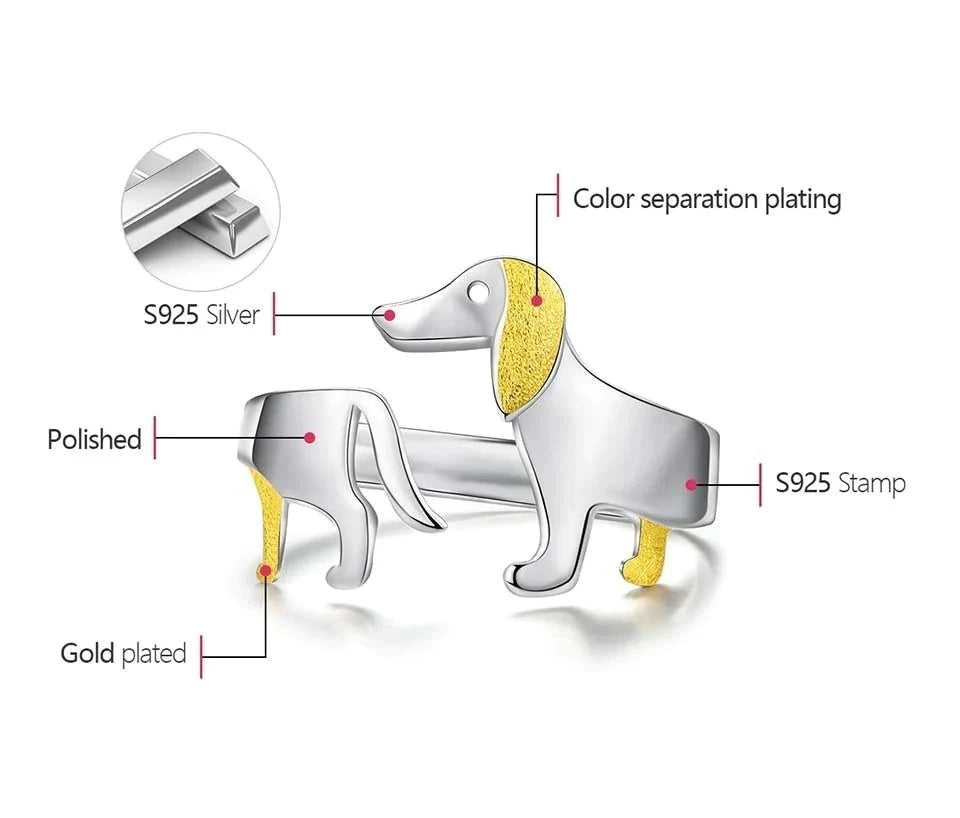 Silberner Dackel-Anstecknadel, S925, poliert, goldplattierte Ohren und Pfoten, modisches Accessoire.