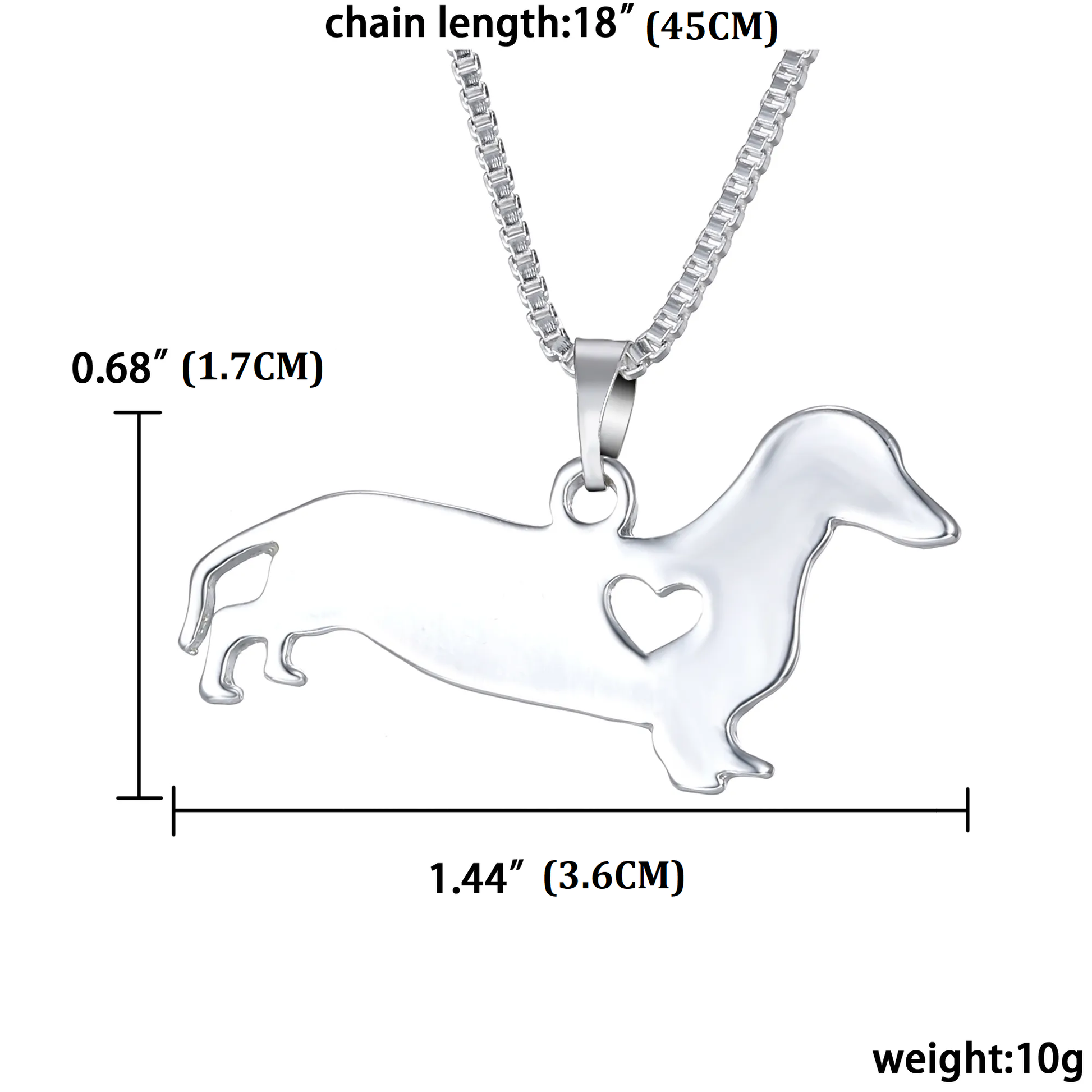 Silberner Dackel-Anhänger mit Herz, Kettenlänge 45cm, Schmuck für Hundeliebhaber.
