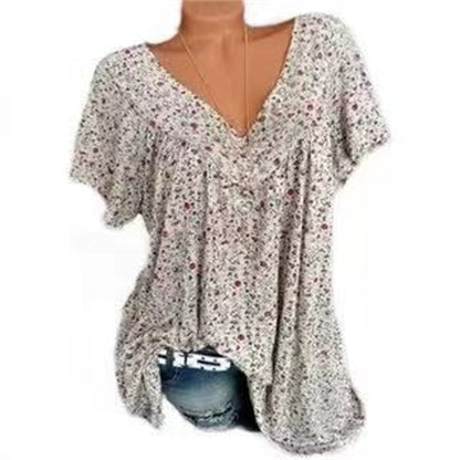 Damen Sommerbluse | Blumenprint | Boho | V-Ausschnitt | Kurzarm-Beige-S-Luzern Mode