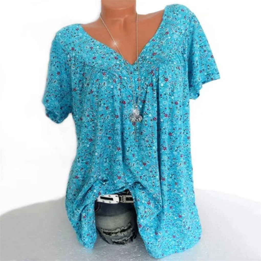 Damen Sommerbluse | Blumenprint | Boho | V-Ausschnitt | Kurzarm-Blauw-S-Luzern Mode