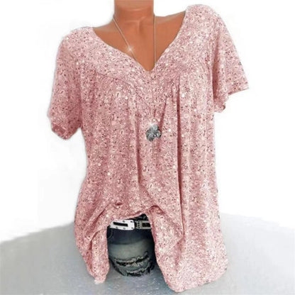 Damen Sommerbluse | Blumenprint | Boho | V-Ausschnitt | Kurzarm-Roze-S-Luzern Mode