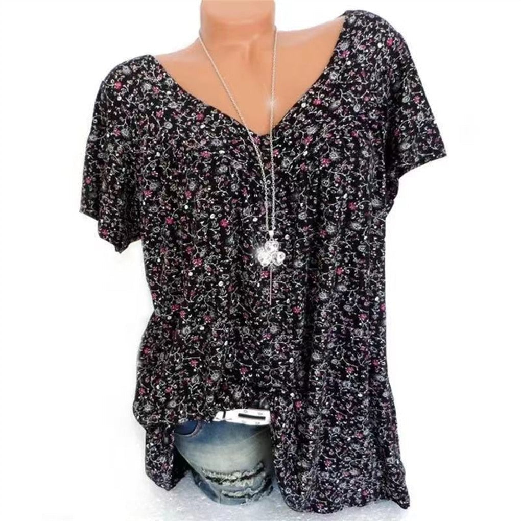 Damen Sommerbluse | Blumenprint | Boho | V-Ausschnitt | Kurzarm-Zwart-S-Luzern Mode