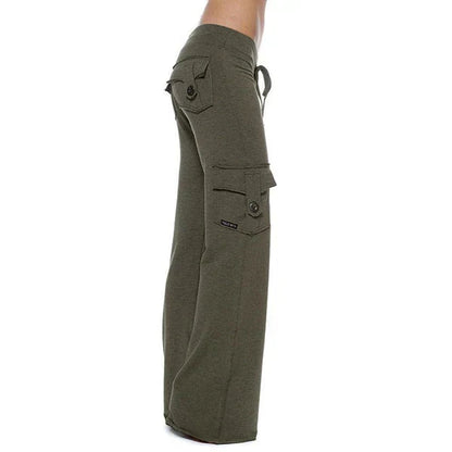 Damen Cargo Hose | Seitentaschen | Bootcut | Elastisch | Einfarbig -Grün-S-Luzern Mode