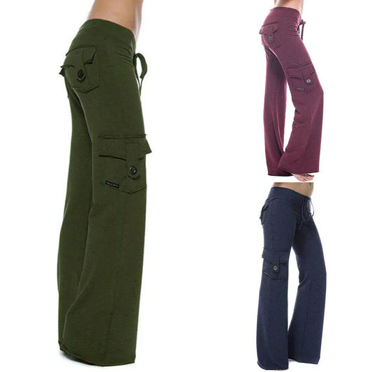 Damen Cargo Hose | Seitentaschen | Bootcut | Elastisch | Einfarbig -Grün-XS-Luzern Mode