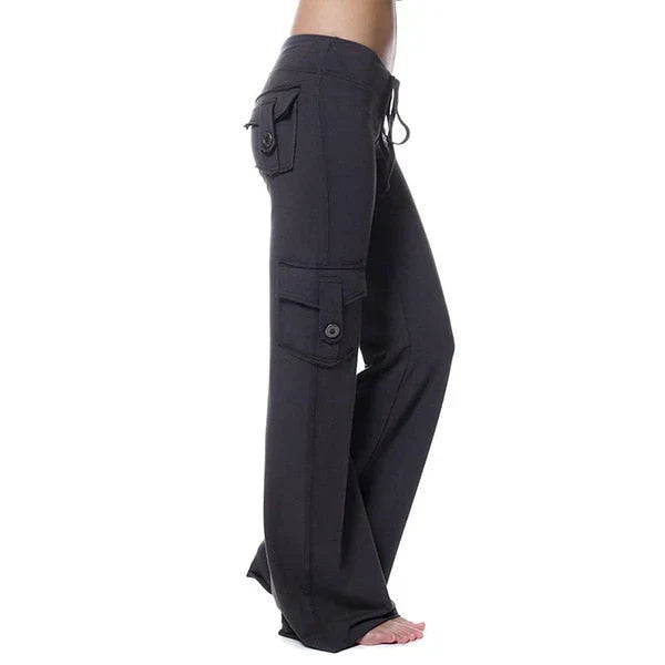 Damen Cargo Hose | Seitentaschen | Bootcut | Elastisch | Einfarbig -Schwarz-XS-Luzern Mode