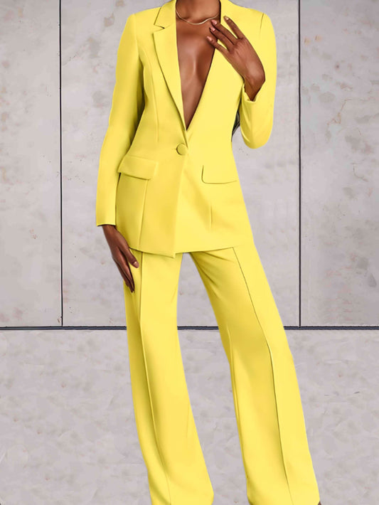 Damen Business Set | Zweitelig | Einfarbig | Hose | Blazer | Kragen-Gelb-S-Luzern Mode