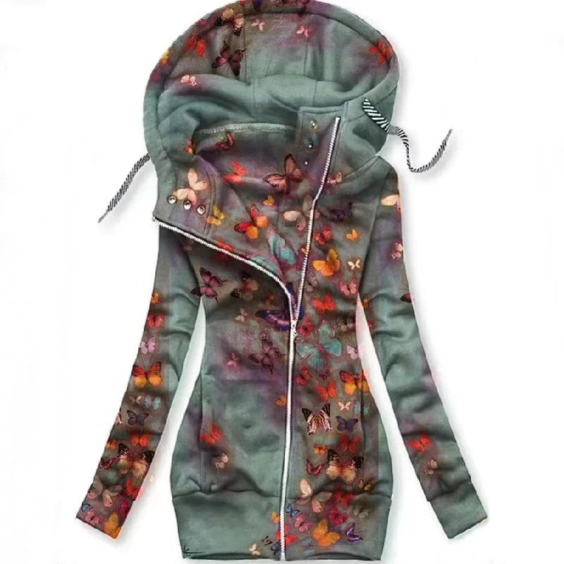 Damen Cardigan | Schmetterlingmotiv | Kaputze | Reißverschluss-Hellgrau-S-Luzern Mode