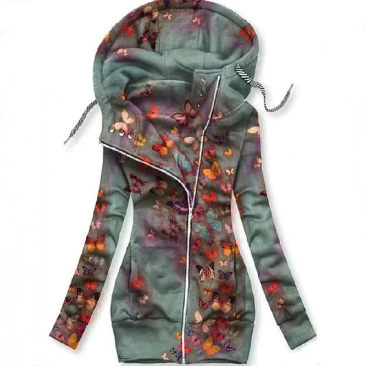 Damen Cardigan | Schmetterlingmotiv | Kaputze | Reißverschluss-Hellgrau-S-Luzern Mode