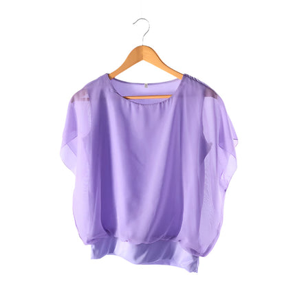 Damen Chiffon Bluse | Rüschenärmeln | Locker | Rundhals | Einfarbig-Lila-S-Luzern Mode
