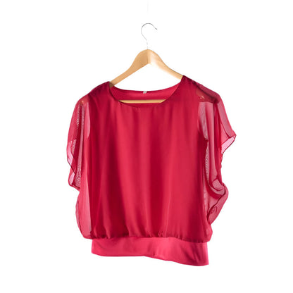 Damen Chiffon Bluse | Rüschenärmeln | Locker | Rundhals | Einfarbig-Rot-S-Luzern Mode