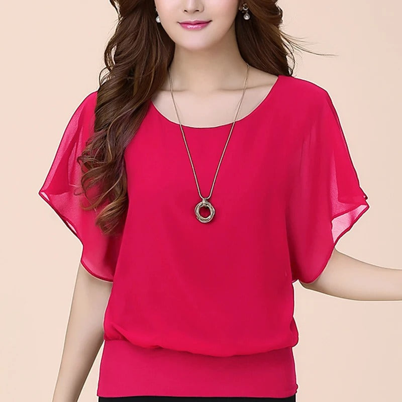 Damen Chiffon Bluse | Rüschenärmeln | Locker | Rundhals | Einfarbig-Luzern Mode
