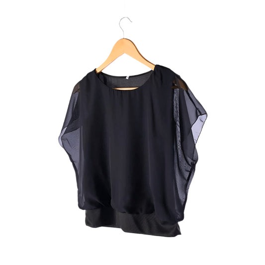 Damen Chiffon Bluse | Rüschenärmeln | Locker | Rundhals | Einfarbig-Schwarz-S-Luzern Mode