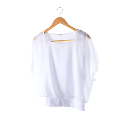 Damen Chiffon Bluse | Rüschenärmeln | Locker | Rundhals | Einfarbig-Weiß-S-Luzern Mode