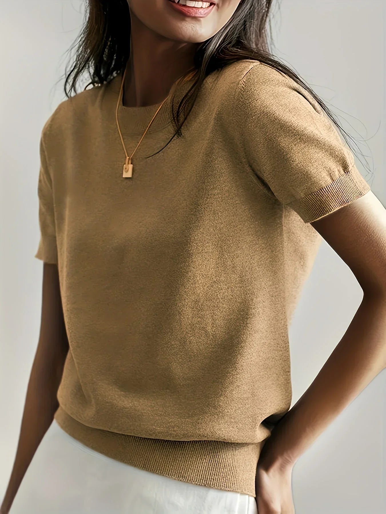 Damen Frühlingspullover | Kurzarm | Einfarbig | Leicht | Locker -Beige-XS-Luzern Mode