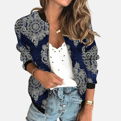 Damen Bomberjacke | Mit Print | Retro | Reißverschluss | Regular Fit-E-XS-Luzern Mode