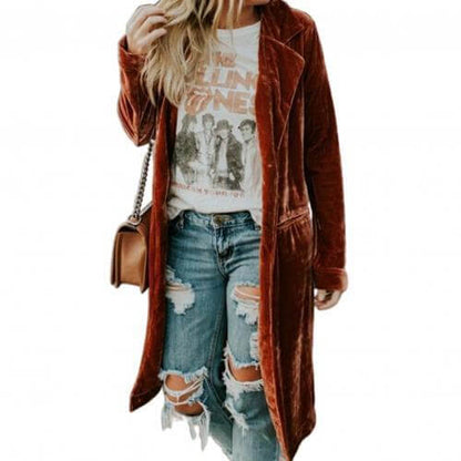 Damen Mantel | Samtstoff | Einfarbig | Lang | Offen Stil | Locker-Luzern Mode