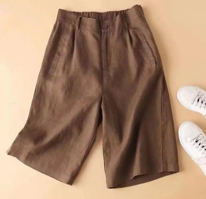 Shorts Damen | Leinen-Baumwolle | knielang | locker geschnitten | atmungsaktiv-Kaffeebraun-S-Luzern Mode