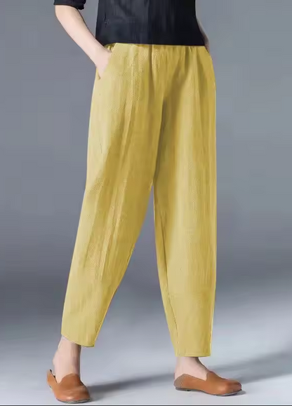 Sommerhose Damen | Leinen Baumwolle | Atmungsaktiv | Elastisch | Freizeit Look-Gelb-M-Luzern Mode