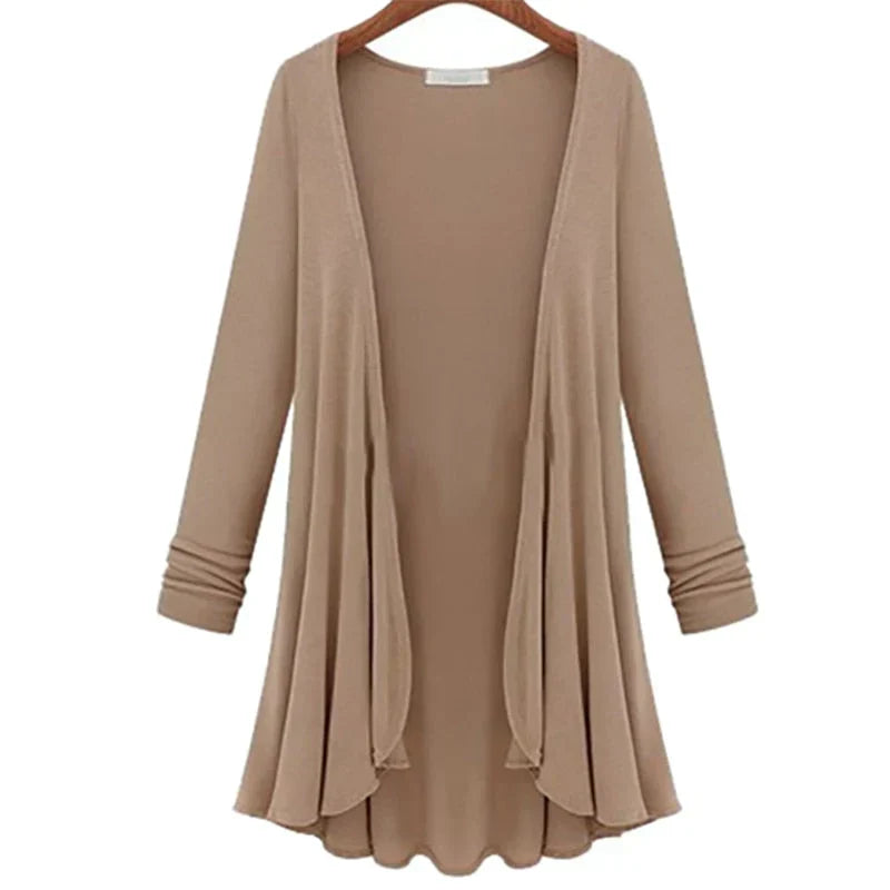Damen Strick-Cardigan | Rüschen | Unifarbe | Offen Design | Langarm-Khaki-S-Luzern Mode