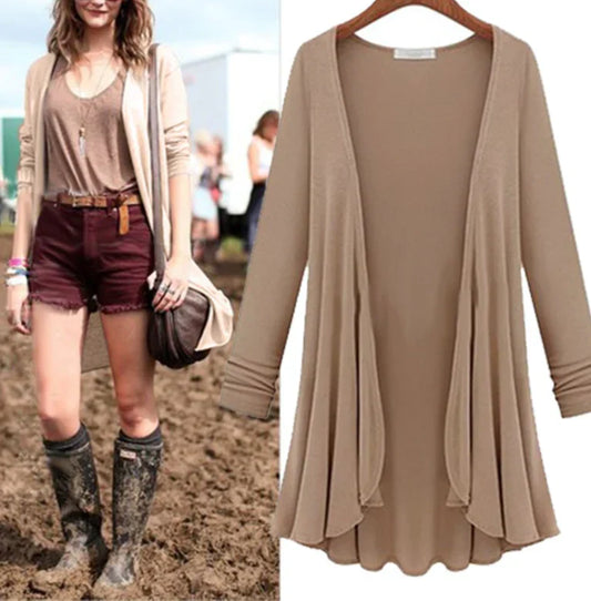 Damen Strick-Cardigan | Rüschen | Unifarbe | Offen Design | Langarm-Luzern Mode