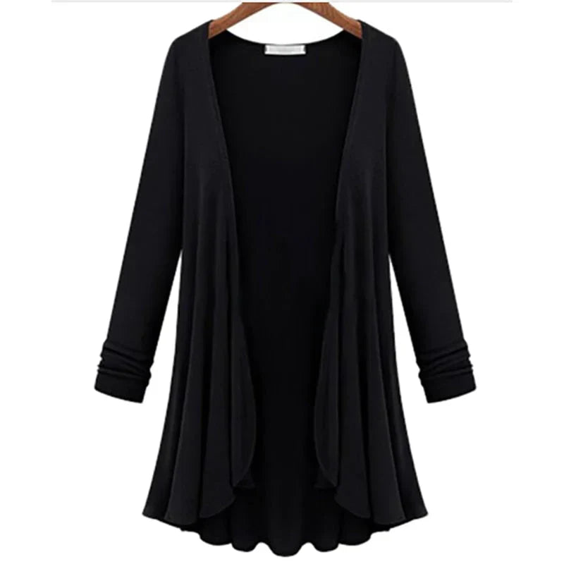 Damen Strick-Cardigan | Rüschen | Unifarbe | Offen Design | Langarm-Schwarz-S-Luzern Mode