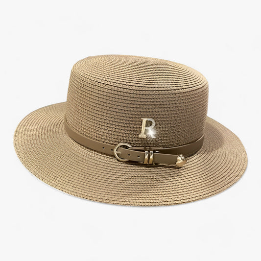 Damen Strohhut | Flache Krone | Luftig | Einfarbig | Einheitsgröße-Khaki-Luzern Mode