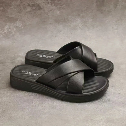 Wedge Slipper Damen | Sommer Look | Keilabsatz 3,5 cm | Offen | Bequem-Schwarz-35-Luzern Mode