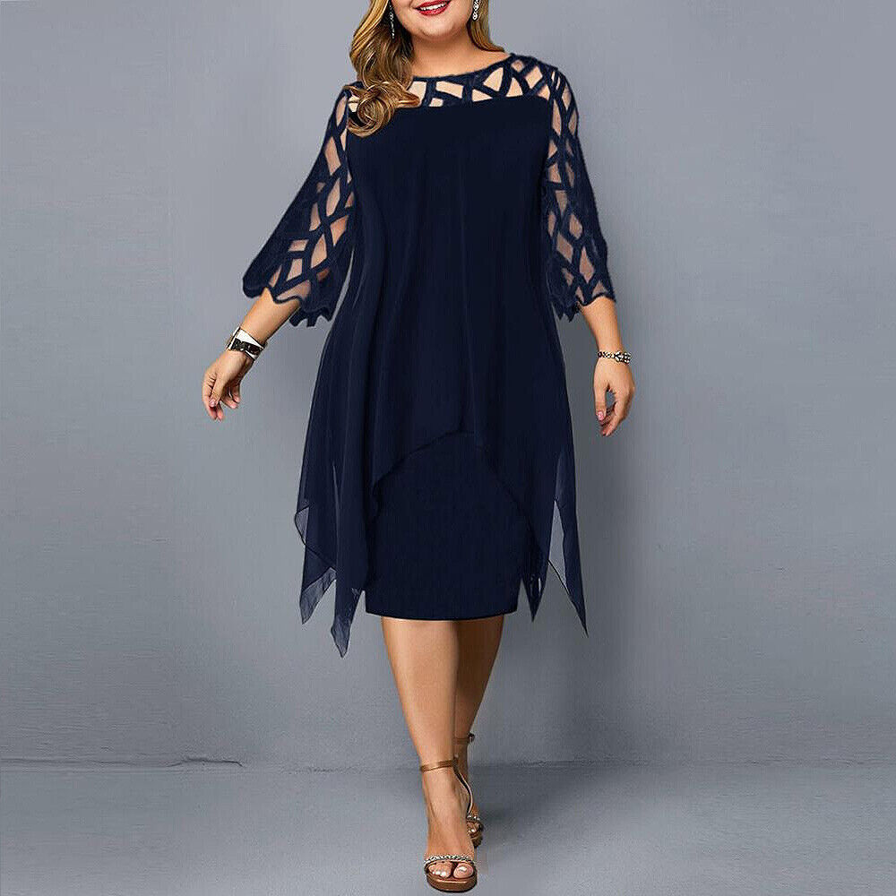 Damenkleid Übergröße, dunkelblau, Chiffon, asymmetrisch, elegantes Design, Abendmode.