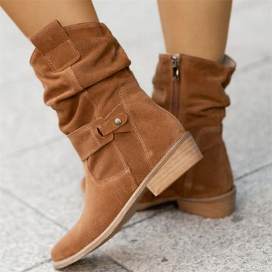 Braune Damen-Winterstiefel, niedriger Absatz, Kunstwildleder, Reißverschluss, lässig, Plus-Size.