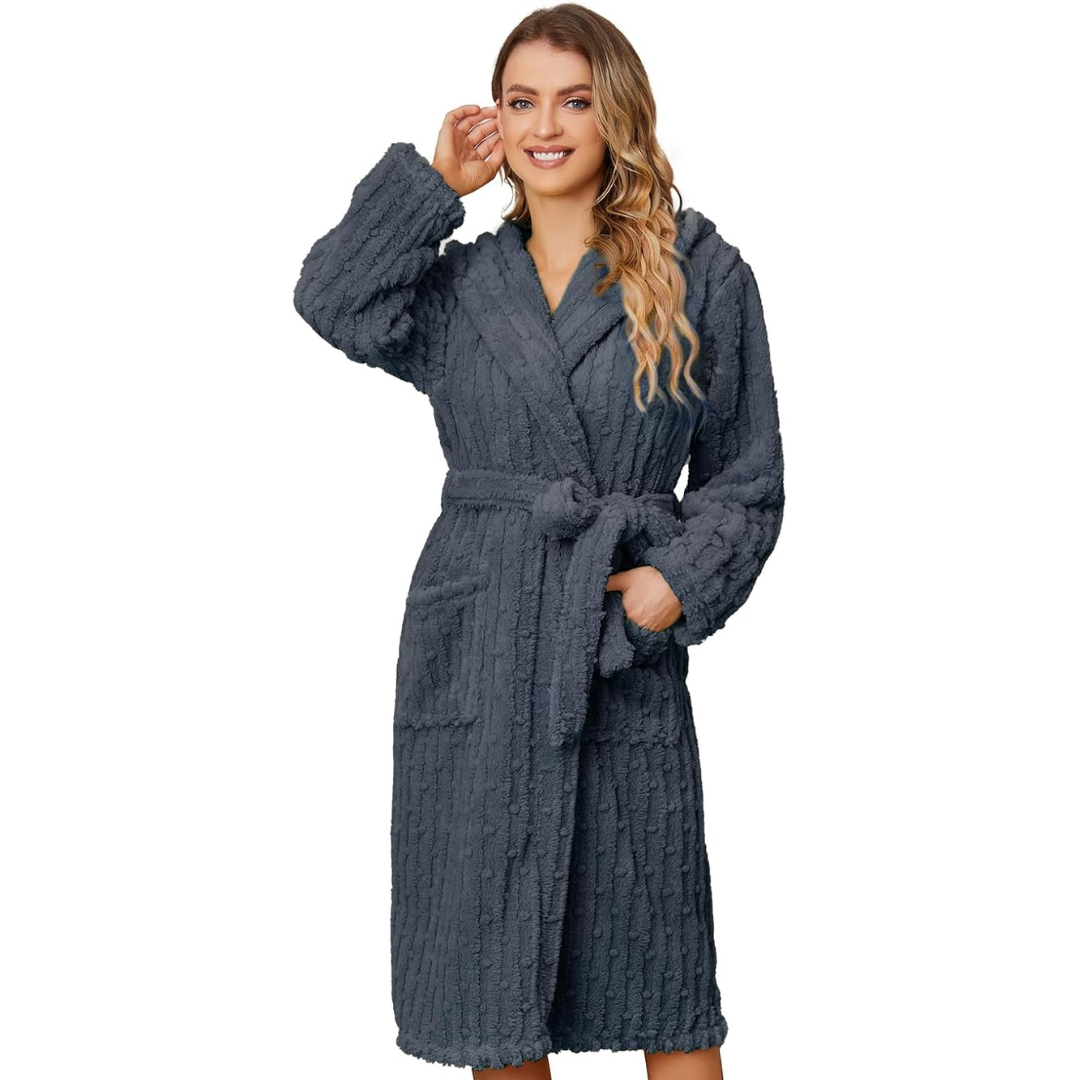 Damen Bademantel Fleece Grau, Kapuze, Gürtel, Taschen, gemütlich, warm, Winterkleidung.