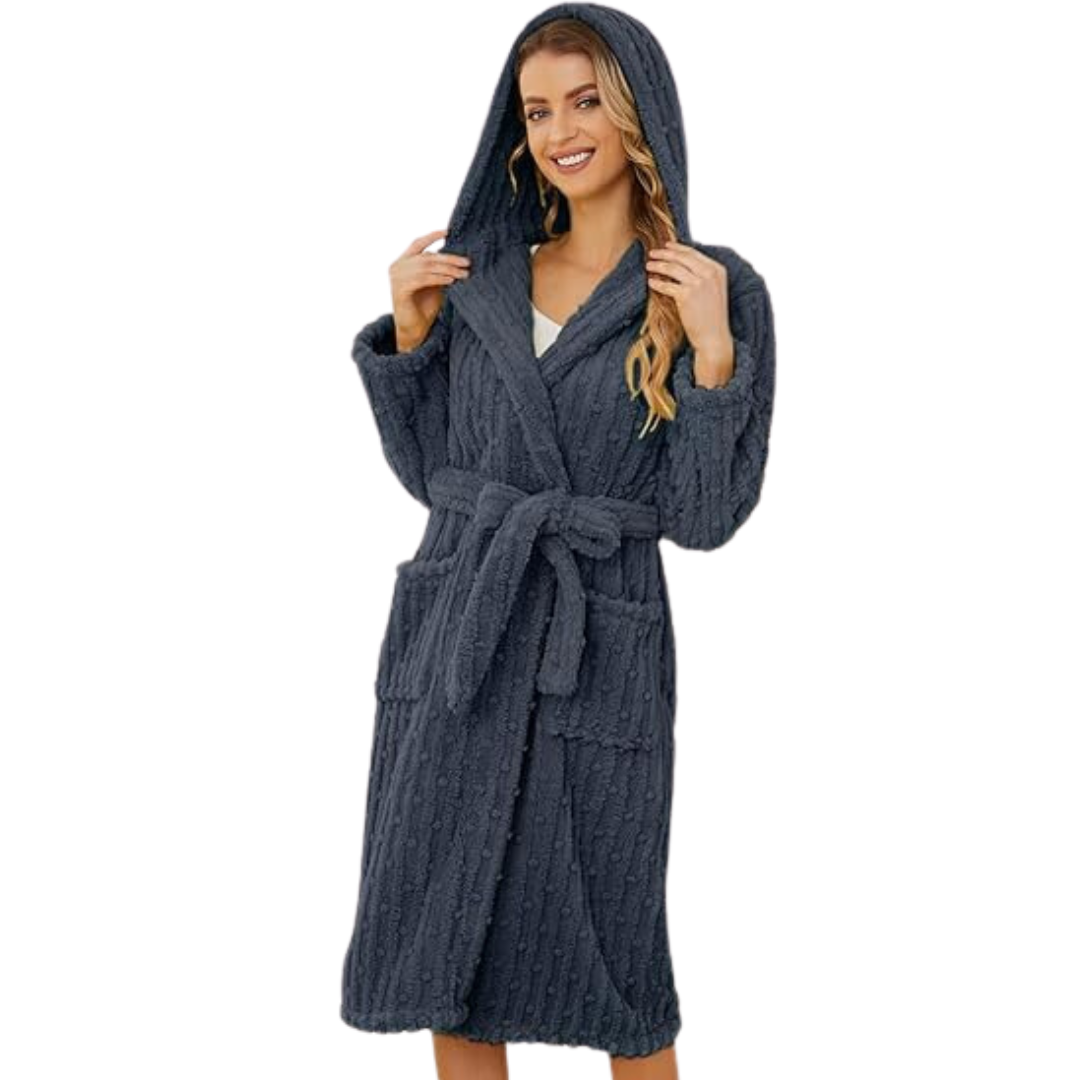 Damen Bademantel mit Kapuze, dunkelgrau, Fleece, gemütlich, warm, ideal für Zuhause.